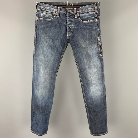 NEIL BARRETT Size 30 Indigo Distressed Denim Button Fly Jeans - Picture 1 of 4